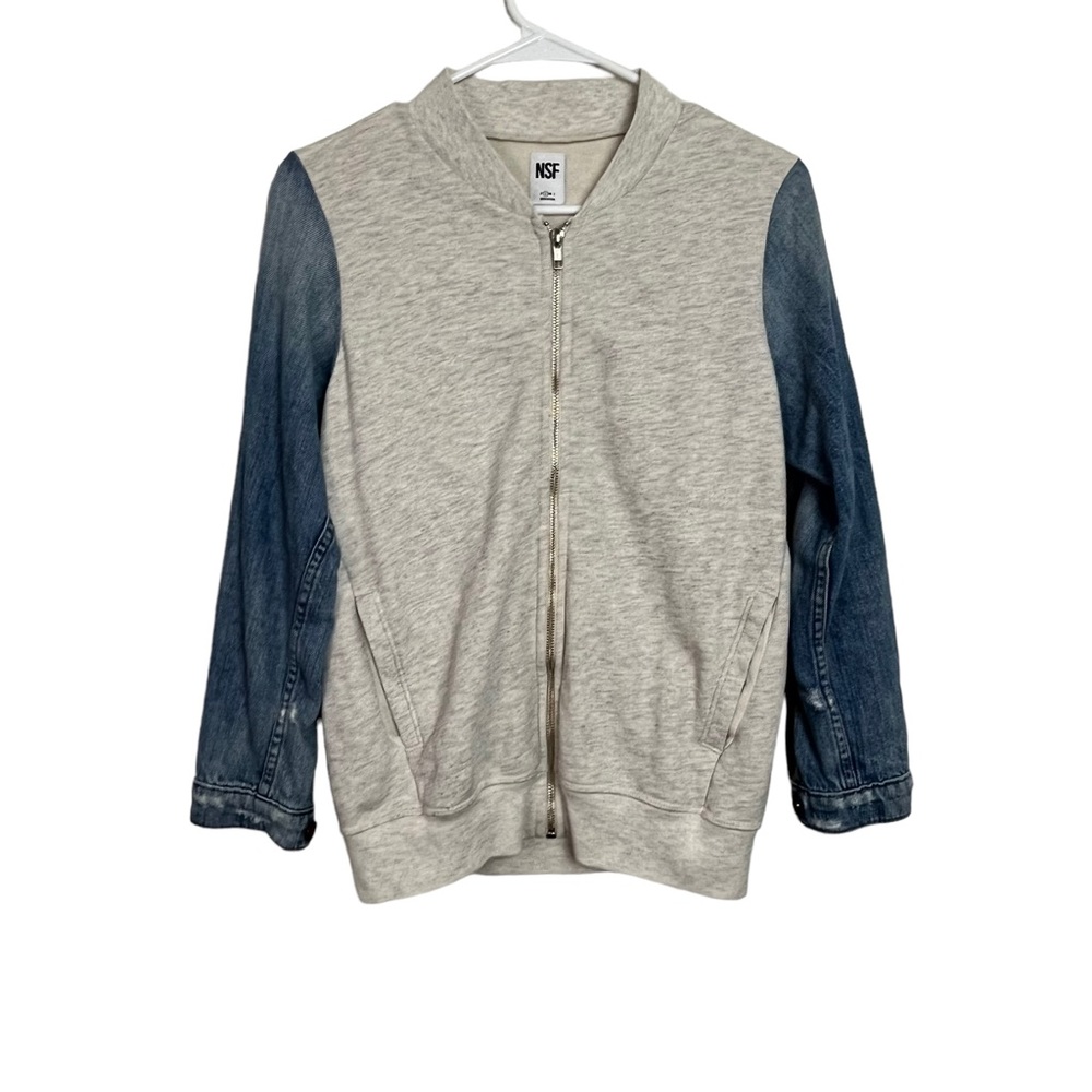 NSF Gray Denim Sleeve Zip Up Sweater Size S Women